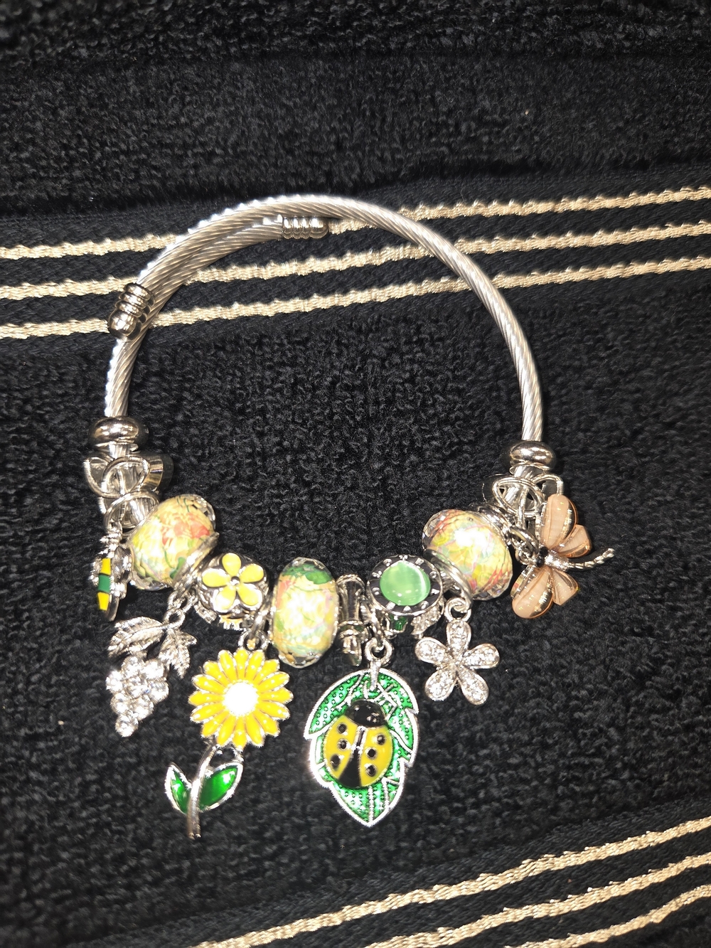 Silver-Tone Yellow & Green Floral Charm Bangle Bracelet